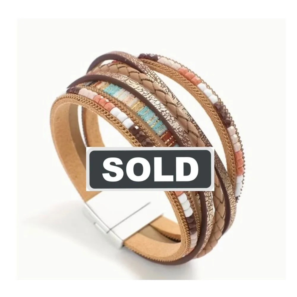 Boho Multi-Strand Leather & Seed Bead Bracelet with Magnetic Closure