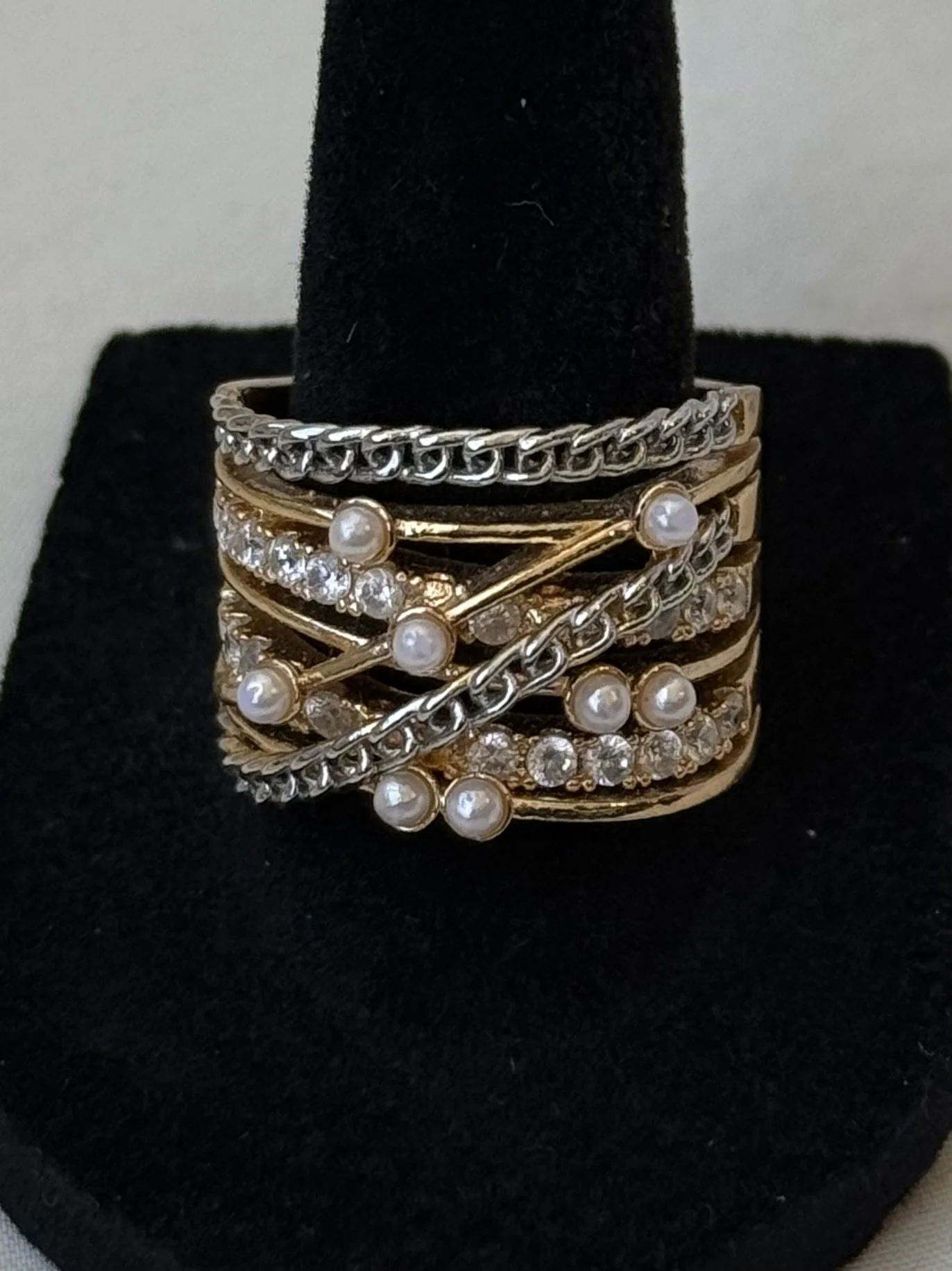 Size 7- Multi-Layer Pearl & Crystal Statement Ring – Mixed Metal