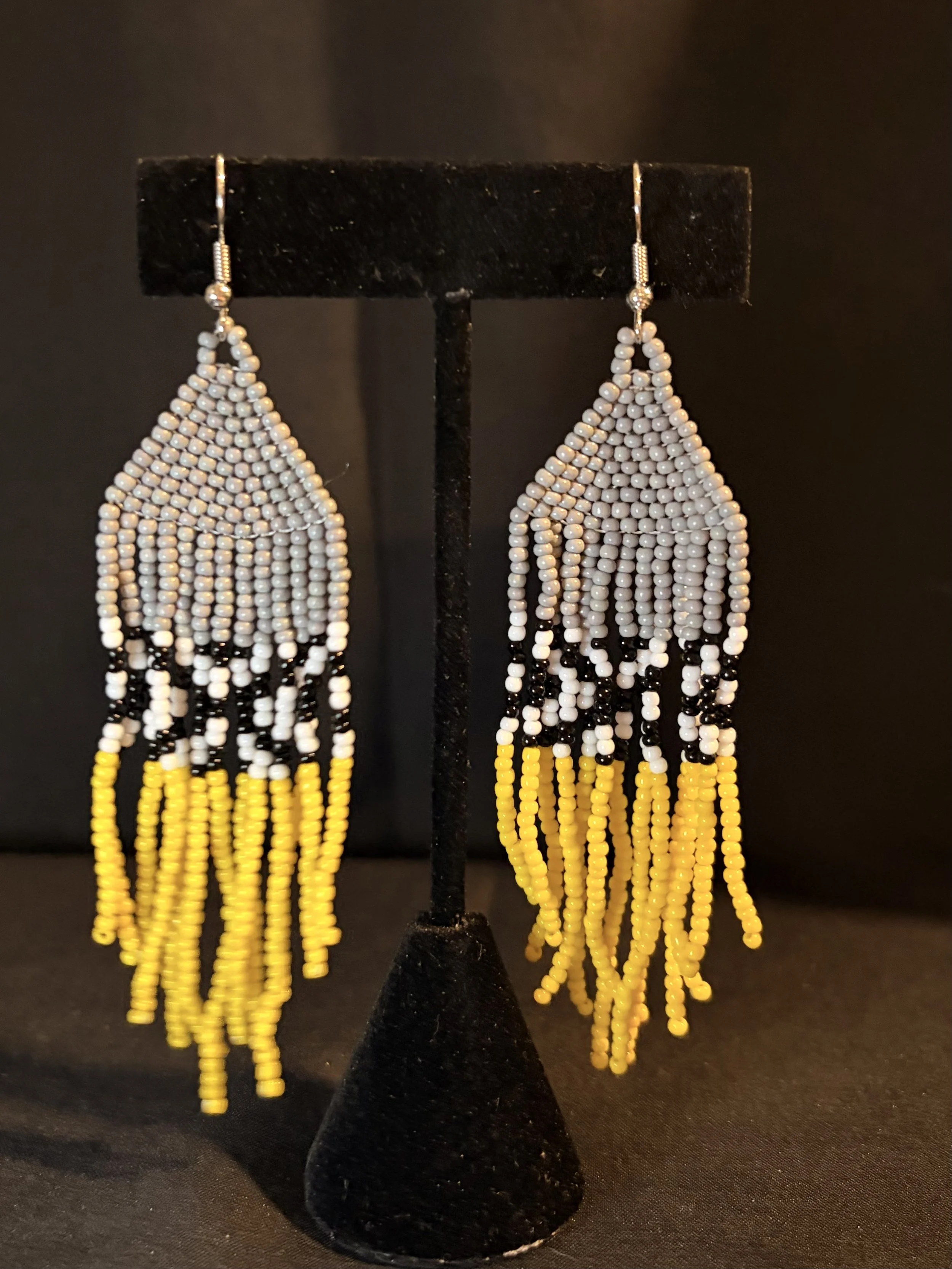 Gray, Black, White & Yellow Seed Bead Fringe Drop Earrings