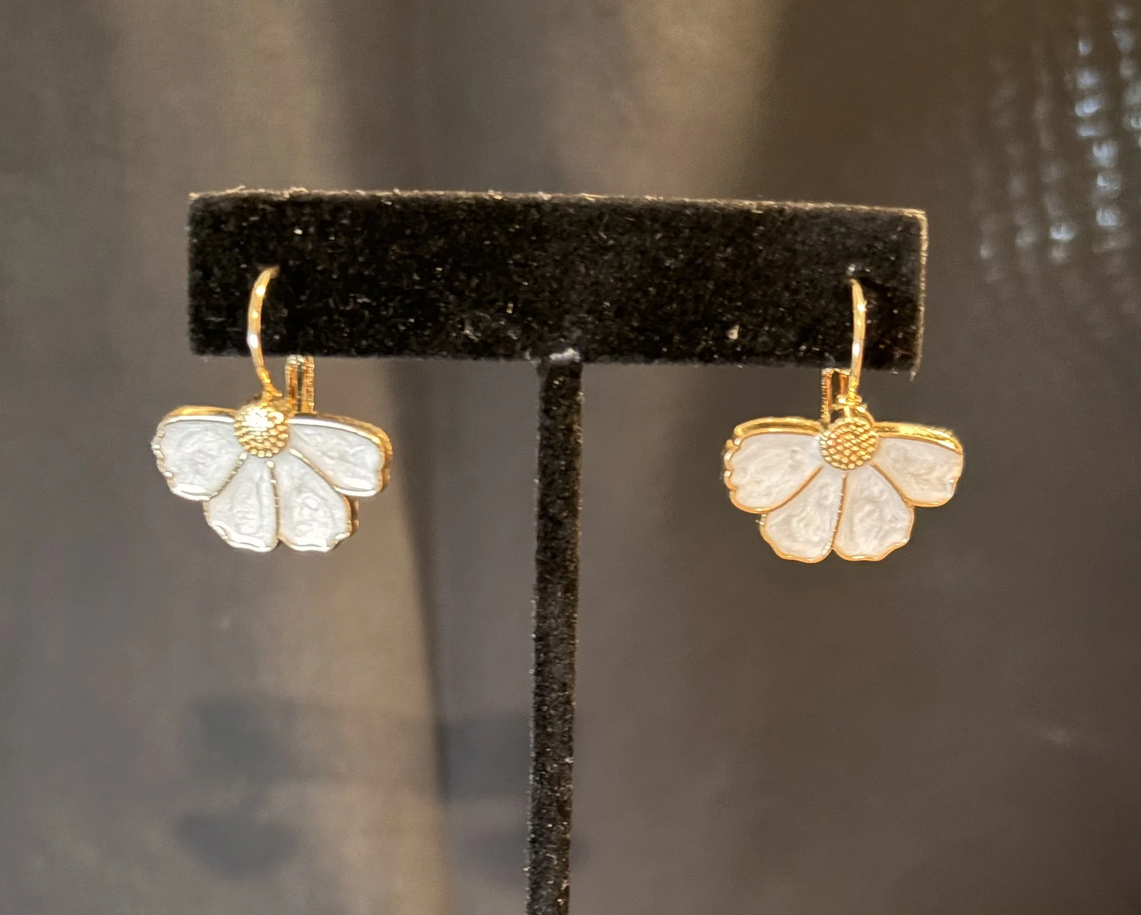 Gold-Tone White Enamel Flower Drop Earrings