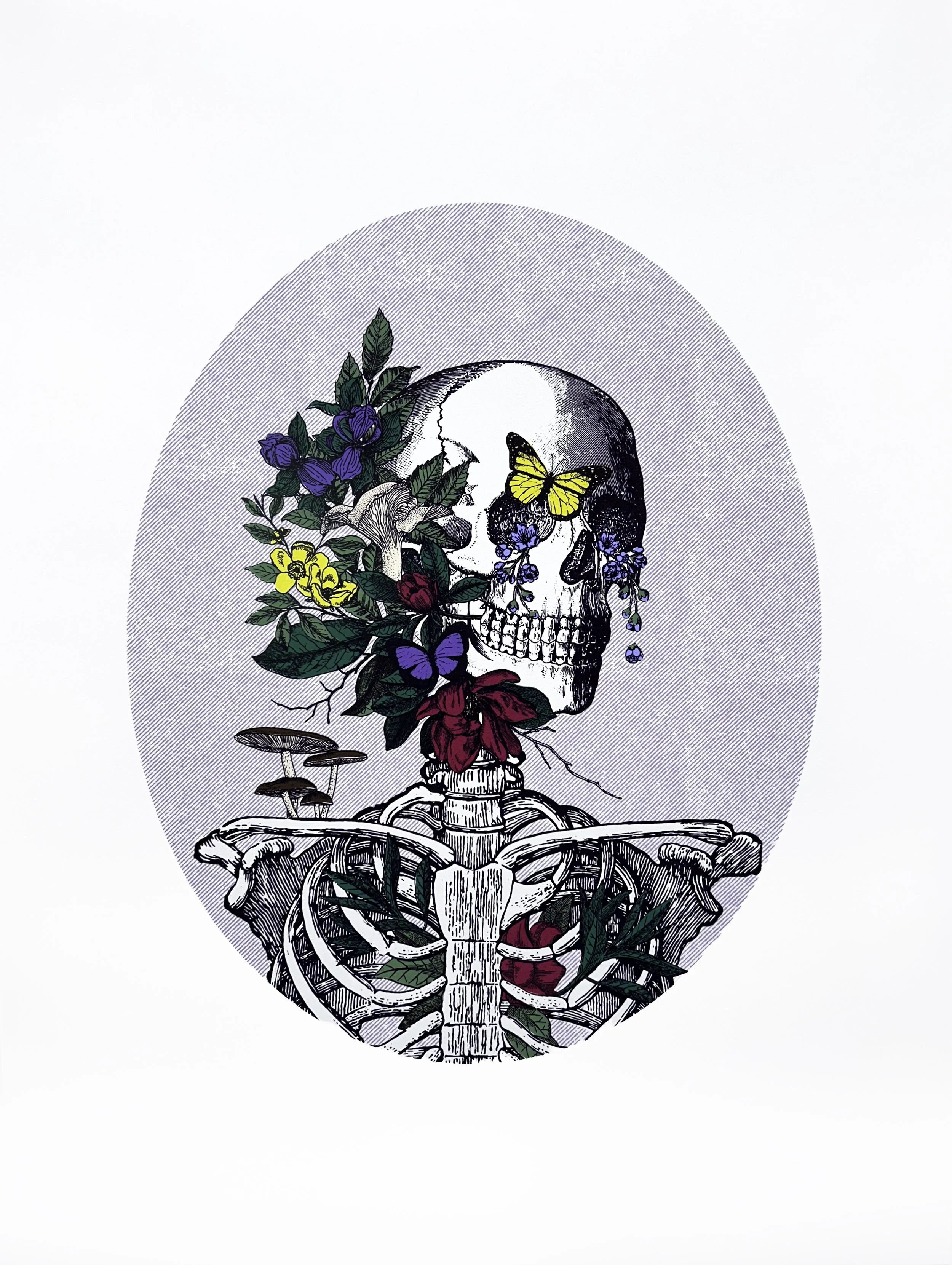 A vintage style portrait of a skeleton from the chest up. The skeleton has a wreath of flowers, leaves and mushrooms around its head. There is a yellow butterfly above its eye, and it is crying. The tears are blue flowers.