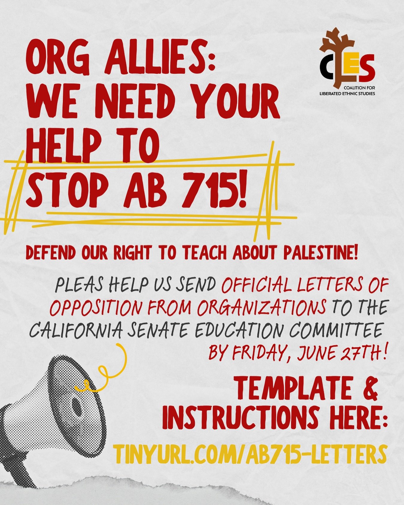 ‼️Organizational Allies: We need your help to stop California’s AB 715! Defend our right to teach about Palestine in our classrooms!‼️
Please help us send official letters of opposition from organizations to the California Senate Education Com