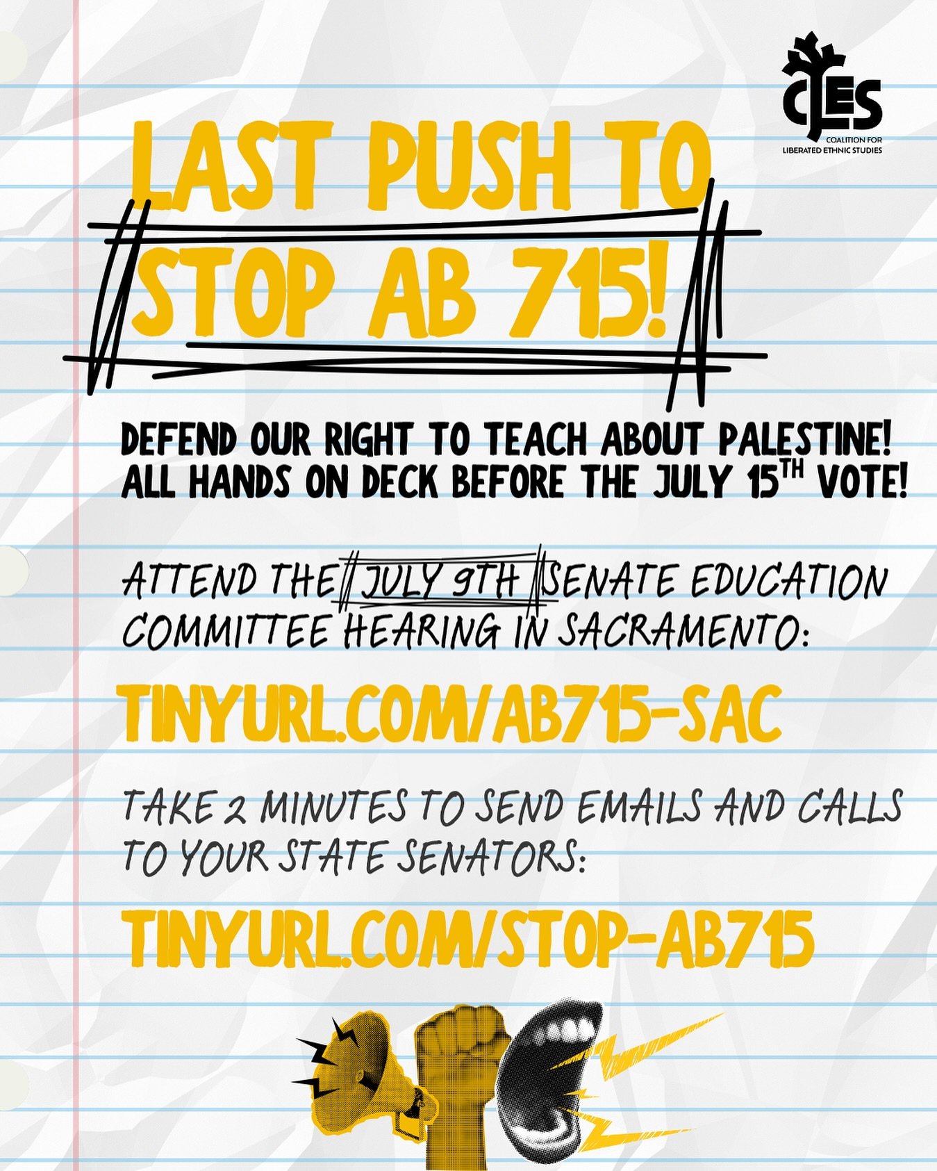 📢LAST PUSH TO STOP CALIFORNIA'S AB 715! 📢
Defend our right to teach about Palestine! All hands on deck before the July 15th vote!
✊🏽Attend the July 9th Senate Education committee hearing in Sacramento: tinyurl.com/ab715-sac (link in bio)
✊🏽 T
