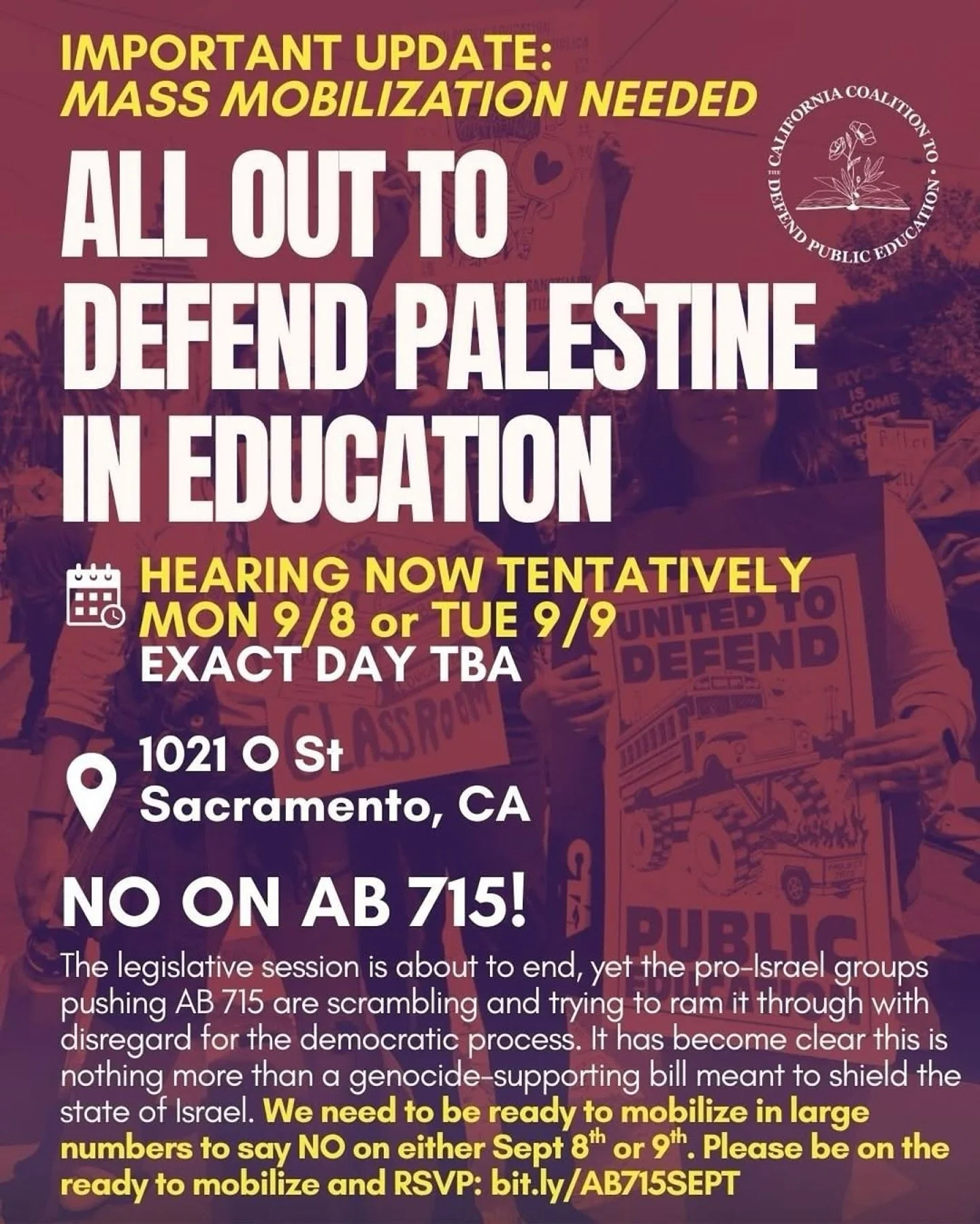 📲 Can't attend? Please make a call! 📲
#Repost @arocaction UPDATE ON AB 715, the pro-Israel public education censorship bill being marketed as a “civil rights bill:” we need to mobilize to Sacramento on either Monday or Tuesday, Septem