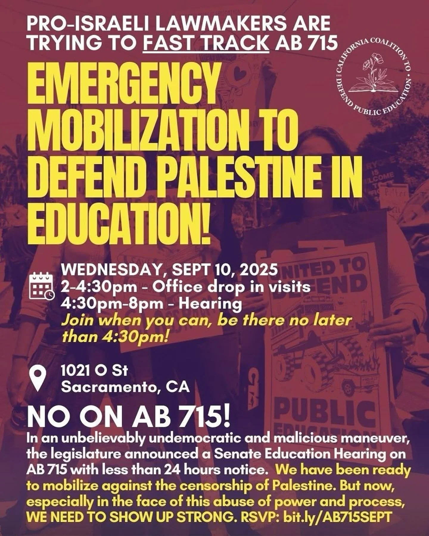 #Repost @arocaction ‼️URGENT MOBILIZATION - 9/10 Senate Education Committee Hearing on AB 715‼️
AB 715 Hearing Wednesday, Sept 10.
2:00pm - 4:30pm - Office Drop-In Visits
4:30 pm - 8:00pm - Senate Education Committee Hearing
Join when you can and