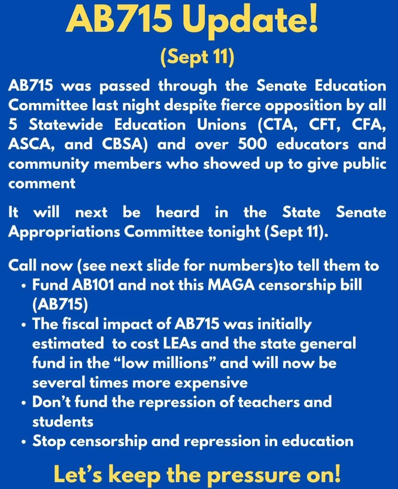 Repost @ucethnicstudiescouncil AB715 Update!
(Sept 11)
AB715 was passed through the Senate Education Committee last night despite fierce opposition by all 5 Statewide Education Unions (CTA, CFT, CFA, ASCA, and CBSA) and over 500 educators and commun