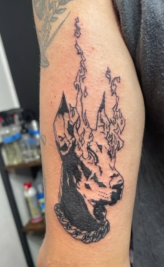 Tattoo of a stylized Doberman head with flames and chain design