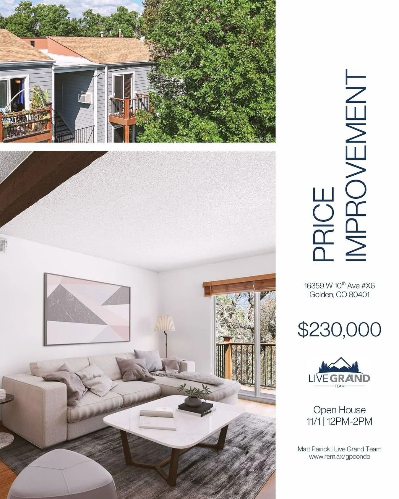 Open House tomorrow 11/1 12pm-2pm

16359 W 10th Ave #X6, Golden, CO 80401
2 Bed | 1 Bath | 773 Sq Ft
New Price $230,000

#remax #remaxalliance #homesincolorado #coloradorealestate #coloradoopenhouse #goldencolorado #goldenco