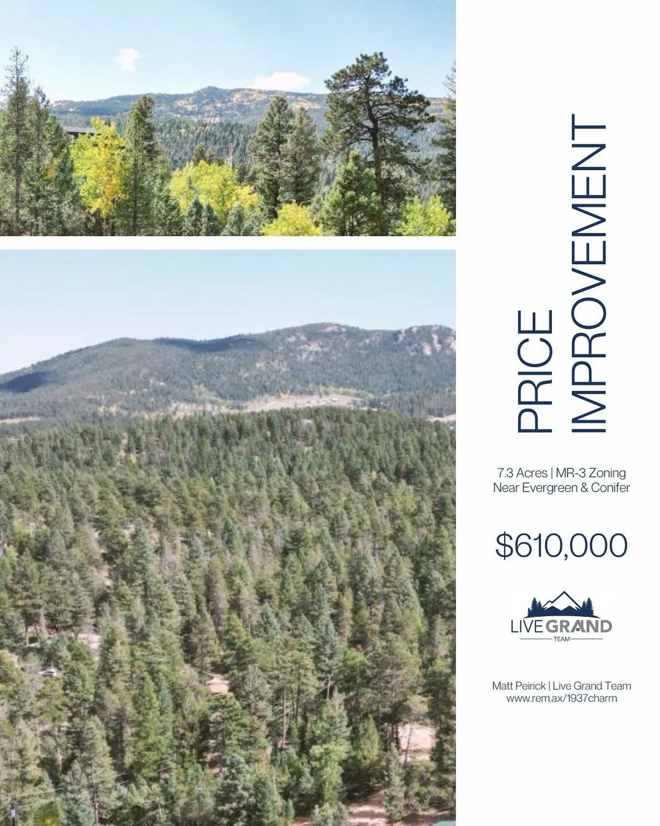 $20k Price Improvement!
7.3 Acres Near Evergreen &amp; Conifer 🌲🌄
This lot has the most flexible zoning (MR-3) and beautiful panoramic views for your dream home! The 7.3 acres can also be subdivided according to your preference. 
Visit www.rem.ax/e