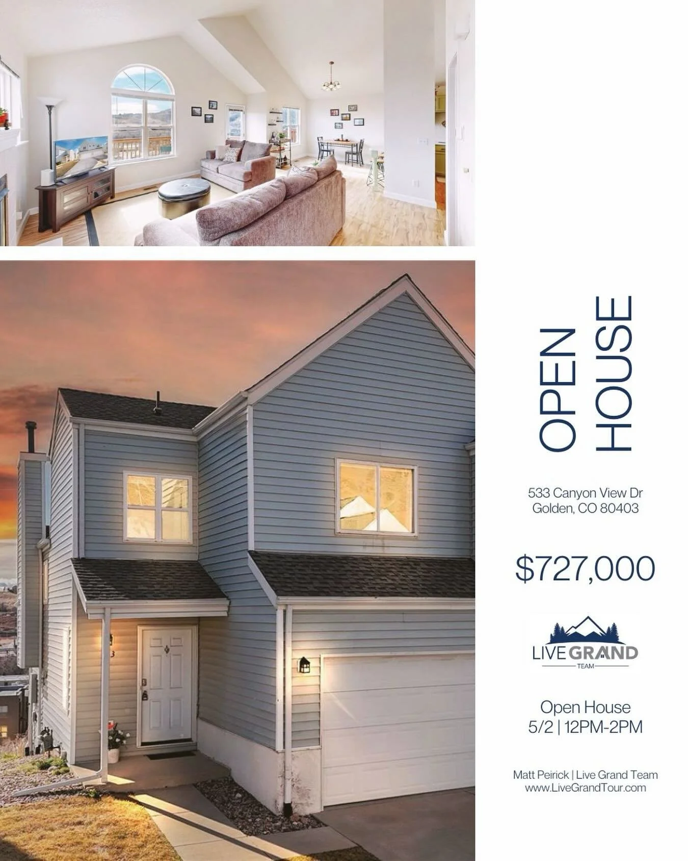 Open House Saturday 5/2 | 12PM - 2PM 🌄

533 Canyon View Dr, Golden, CO 80403
Currently listed at $727,000

⭐️3 Bed | 3 Bath | 1,452 Sq Ft
⭐️Foothills Views
⭐️Fully furnished
⭐️2 Car Garage

Visit www.LiveGrandTour.com for more info!

Live Grand Team