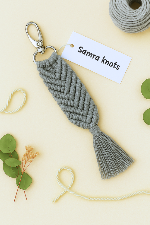 Boho-style grey macramé keychain with a soft beige backdrop, greenery, and tag from Samra Knots.