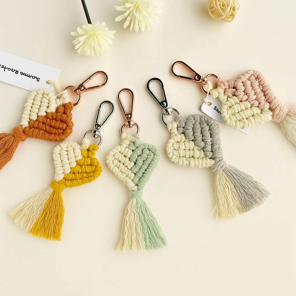 A collection of five handmade macramé heart keychains in assorted colors with metal clasps, laid out on a neutral background – boho accessories by Samra Knots