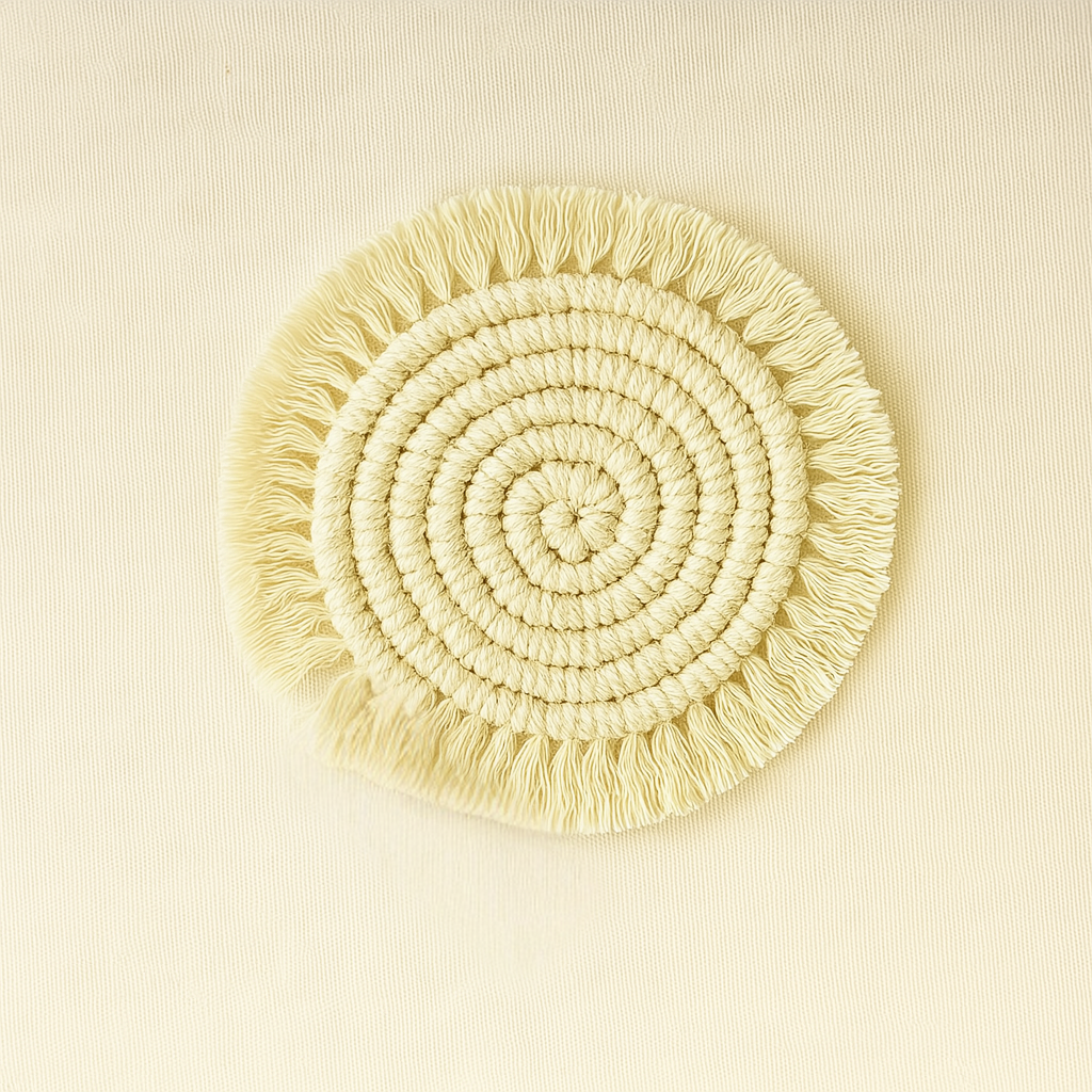 A soft, round macramé coaster made of natural cotton yarn with spiral knotting and fringe edges, set on a beige canvas with the "Samra Knots" tag visible at the bottom.