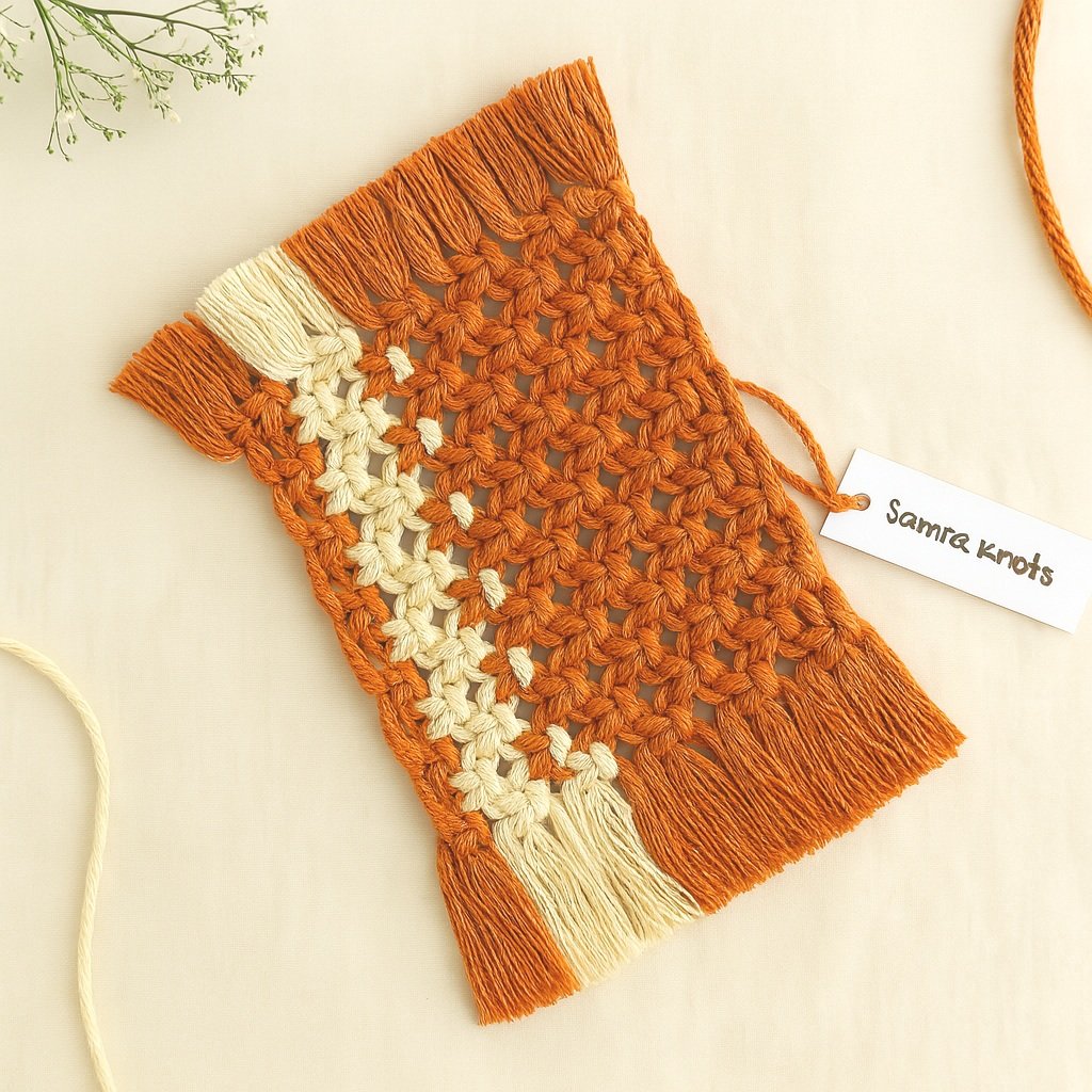 Macramé mug rug in terracotta with a contrasting off-white side stripe, artisan-crafted and laid on a natural linen backdrop – Samra Knots.