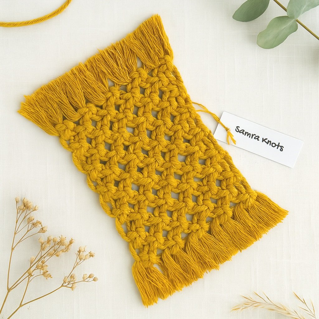 Flat lay of a handcrafted mustard yellow macramé mug rug by Samra Knots, styled with eucalyptus leaves and dried florals on a soft beige fabric background.