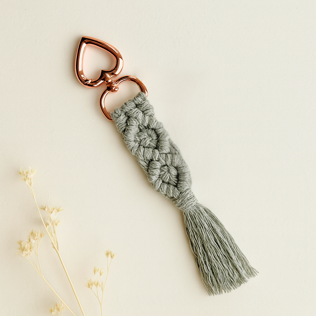 Grey handmade macramé diamond keychain with rose gold heart clasp, styled on an off-white background with dried florals