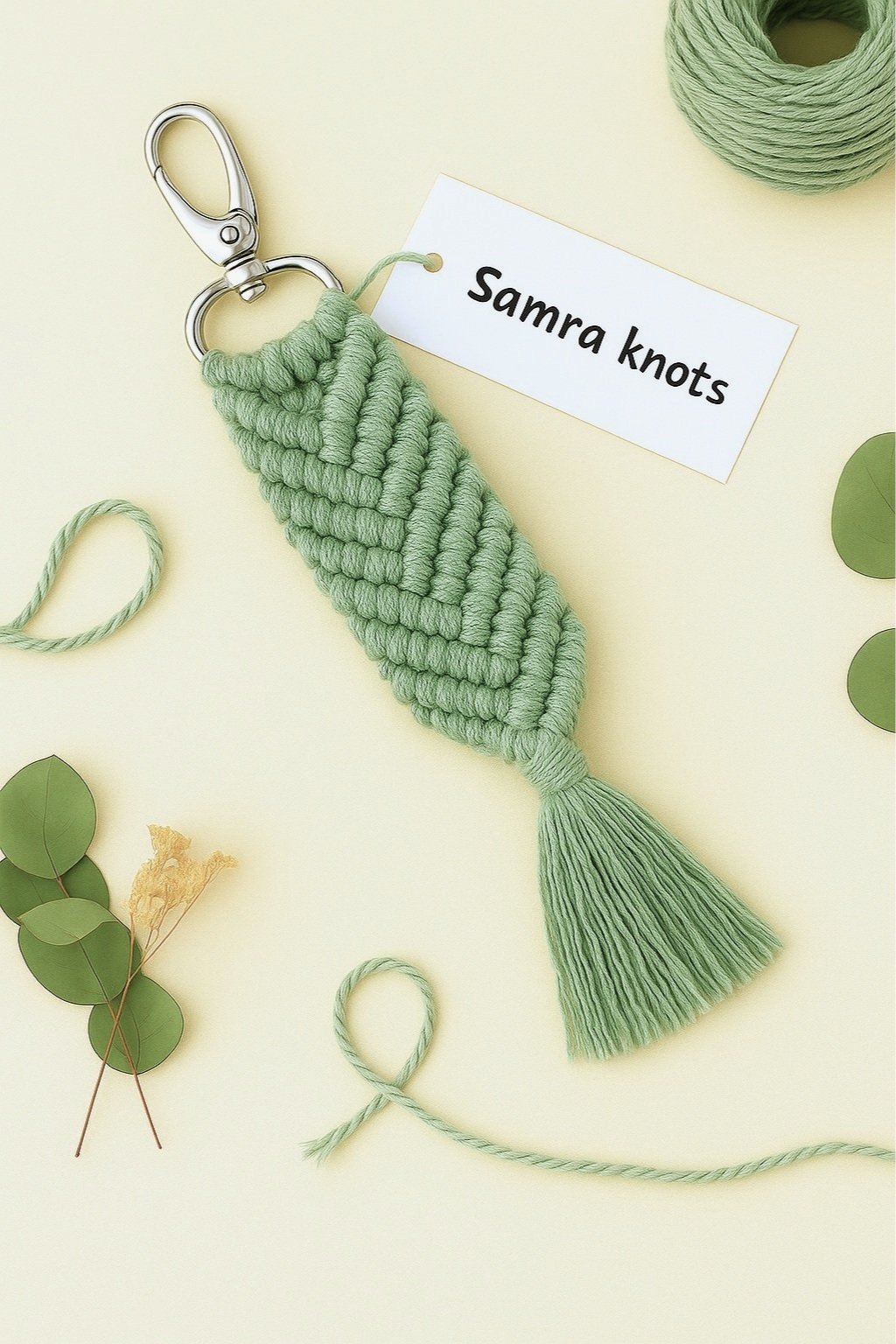 Sage green handmade macramé keychain by Samra Knots, styled on a warm boho background with yarn and eucalyptus leaves