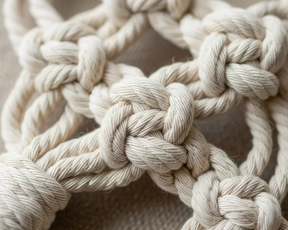 Close-up of a macramé knot showing detailed craftsmanship and texture of natural cotton cord.