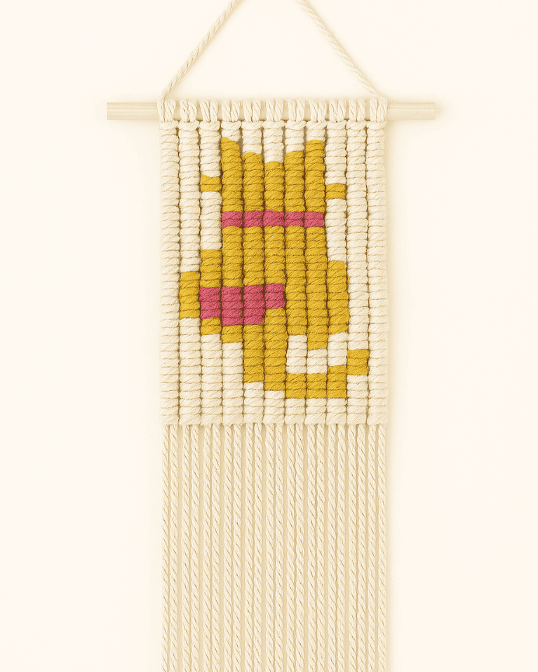 A rectangular macramé wall hanging features a mustard yellow cat with a pink heart collar in a pixel-style design, knotted with off-white cotton cord and hanging on a wooden dowel.