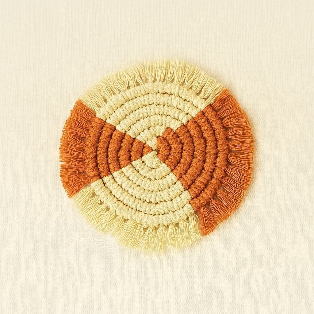 A round macramé coaster divided into four alternating sections of terracotta and natural cotton, displayed on a light beige backdrop with a "Samra Knots" tag on the left.