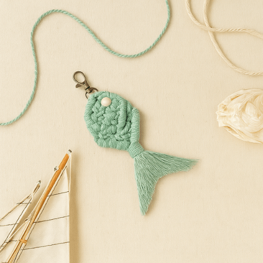 Boho-style sage green macramé fish keychain placed on a warm beige backdrop, surrounded by cotton twine and a mini sailboat decor.