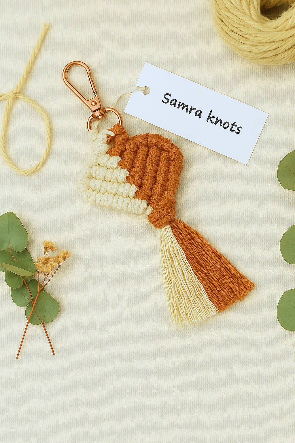 Handcrafted macramé heart keychain in terracotta and cream with gold clasp – Samra Knots