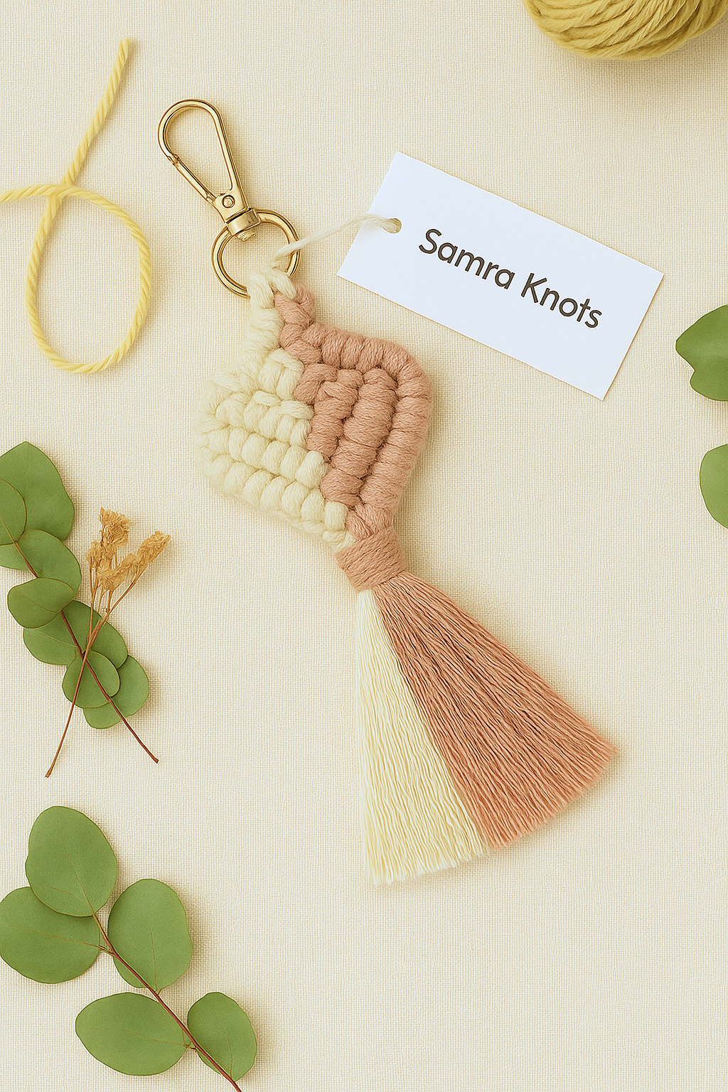 Handmade macramé heart keychain in blush pink and cream, finished with a gold clasp – Samra Knots