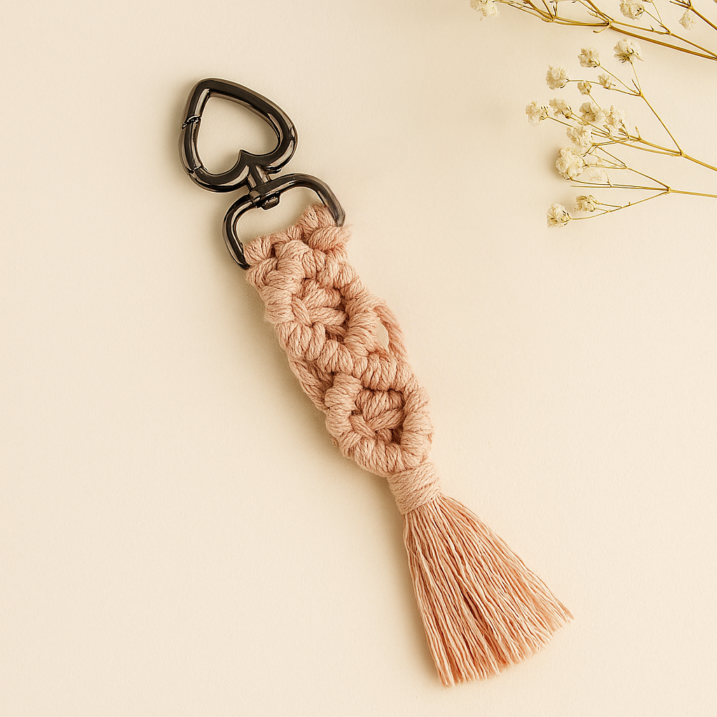 Blush pink macramé diamond keychain with black heart clasp, styled on a soft beige background with dried flowers