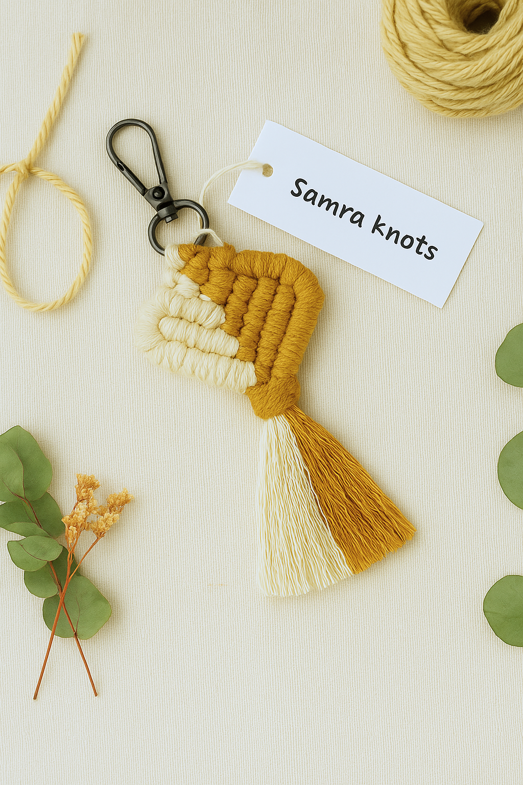 Mustard yellow and cream handmade macramé heart keychain with black clasp – Samra Knots