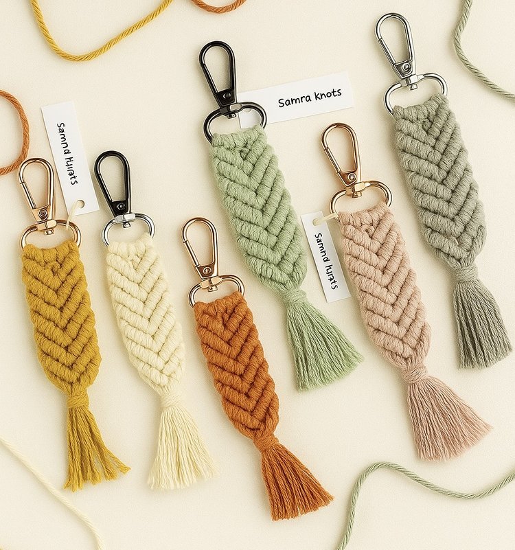 Handmade macramé mermaid tail keychains in boho colors with metal clasps, displayed on a neutral background – Samra Knots.