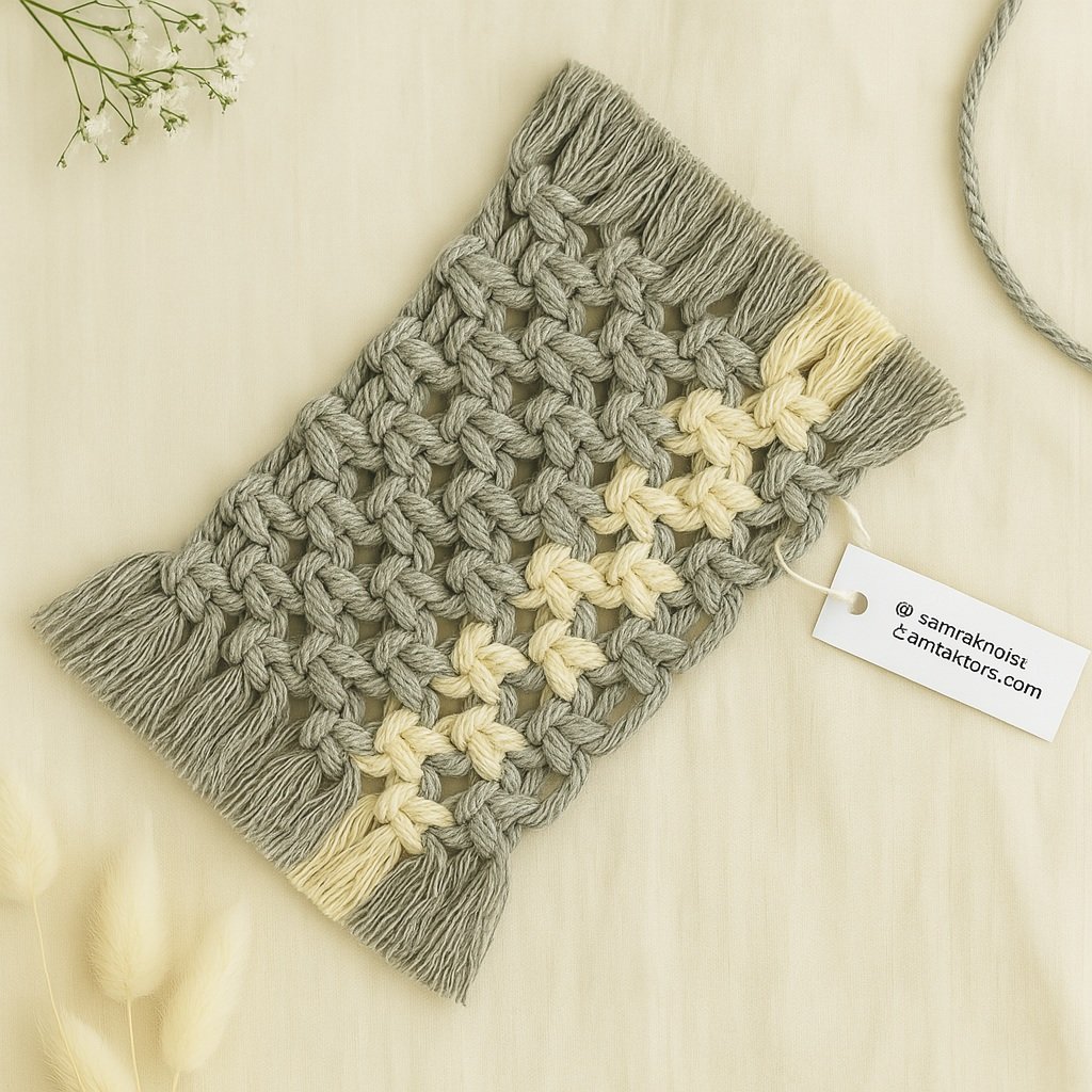 Two-tone macramé mug rug handmade by Samra Knots in grey and off-white, displayed on a soft beige linen background with fluffy dried florals and a product tag for branding.