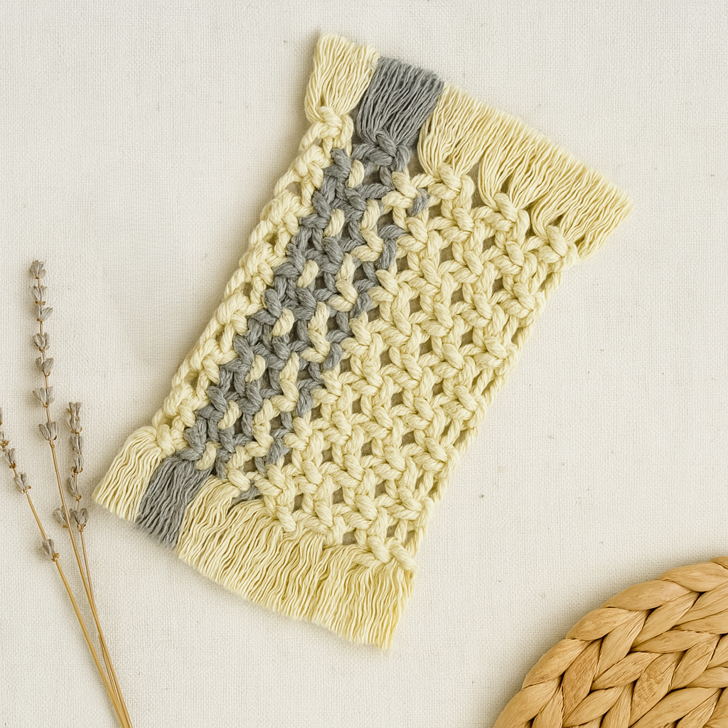 Handcrafted macramé mug rug in off white and grey by Samra Knots, displayed on a soft beige fabric background with dried lavender stems and a woven placemat for natural styling.