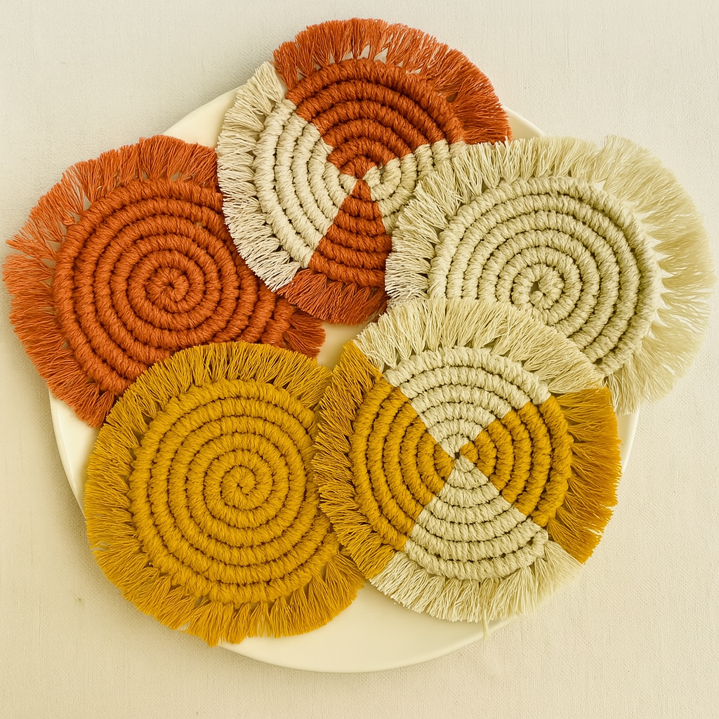 A set of five handcrafted round macramé coasters in terracotta, mustard, and off-white tones, styled on an off-white background. Perfect for boho home decor.