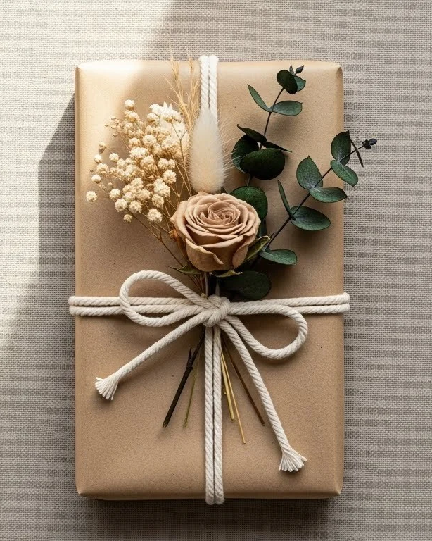 Handmade gift wrapped in kraft paper with a macramé bow and dried flowers for a thoughtful and eco-friendly present.