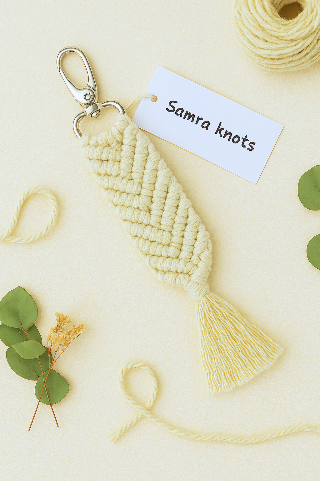 Natural off-white macramé keychain styled on a beige flatlay with dried florals and yarn – handcrafted by Samra Knots.
