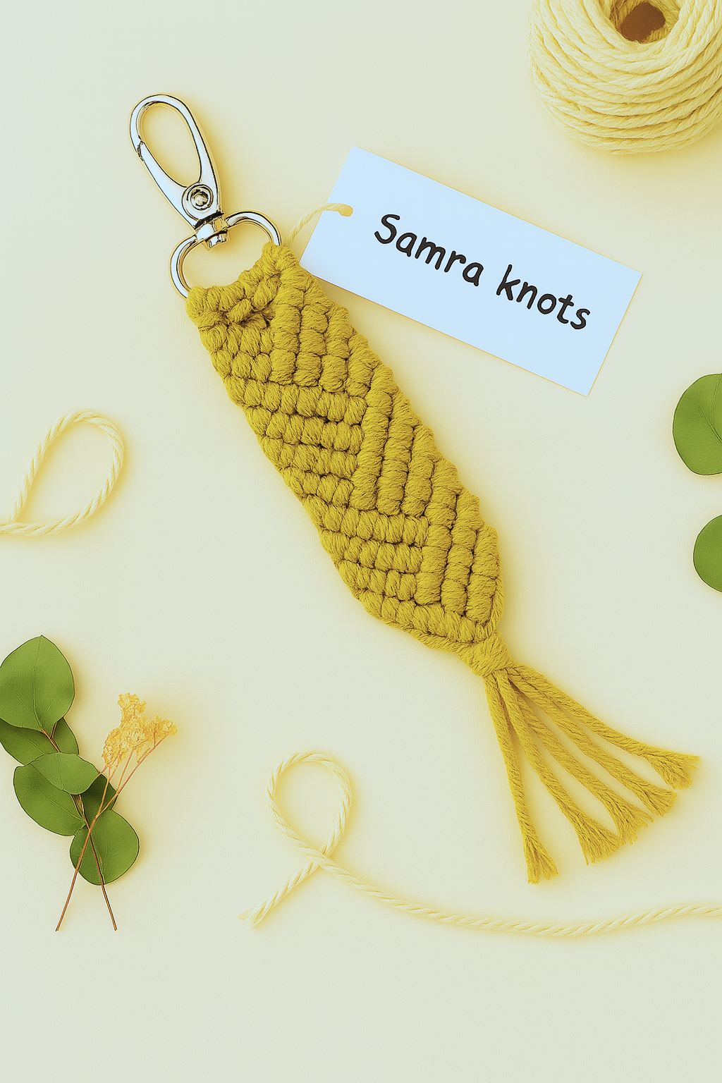 Handcrafted mustard yellow macramé keychain on beige background, styled with eucalyptus and yarn – Samra Knots.