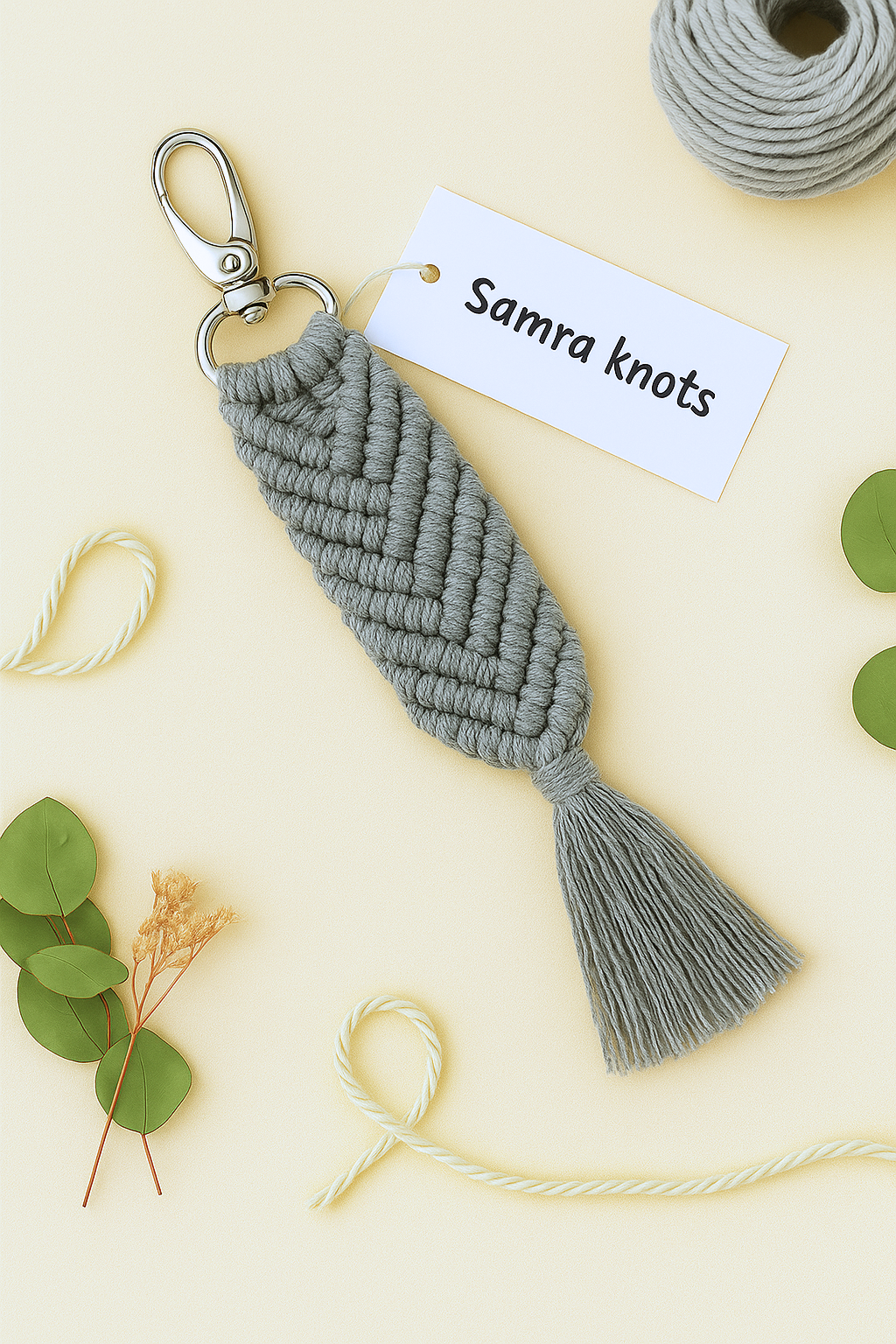 Boho-style grey macramé keychain with a soft beige backdrop, greenery, and tag from Samra Knots.