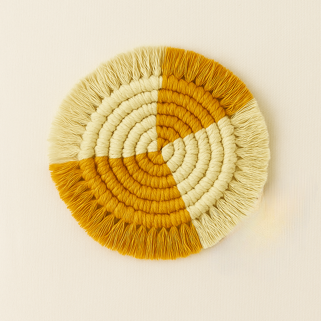 A handmade round macramé coaster featuring a quartered design with alternating muted mustard and natural cotton colors, displayed on a soft beige background with a "Samra Knots" label.