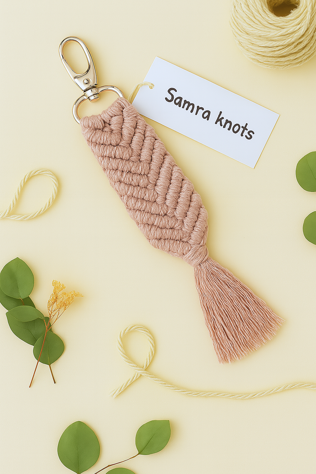 Soft pink macramé keychain placed on a minimal boho flatlay with green and yellow accents – Samra Knots.