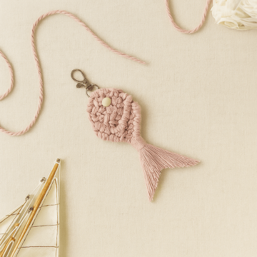 Pastel pink macramé fish keychain displayed on a soft neutral fabric with cotton rope and decorative ship details for a coastal boho look.