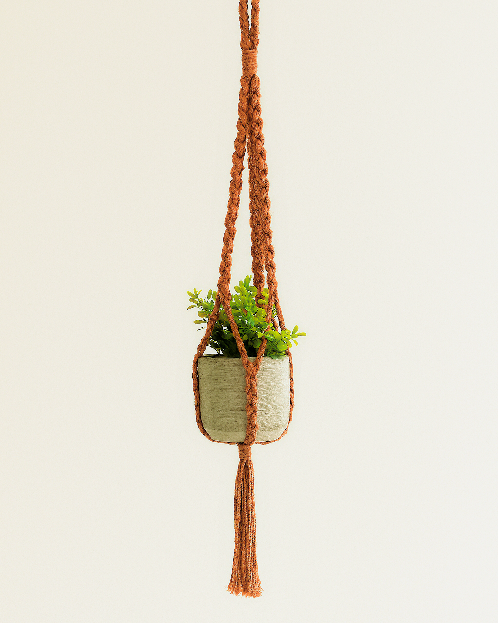 Handmade macramé plant hanger in terracotta, hanging on a light background with a concrete pot and green plant – boho home décor style