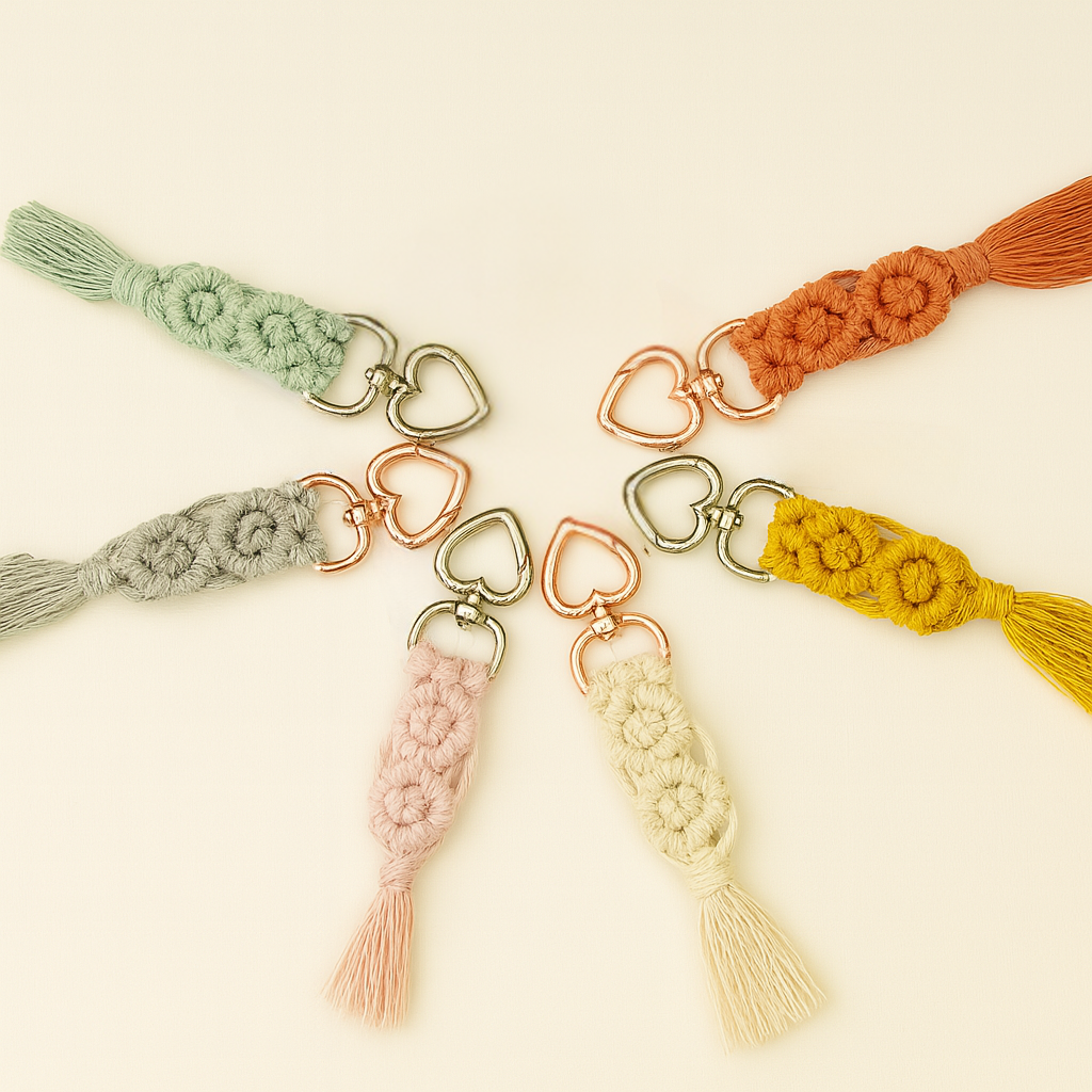 Flat lay of seven handmade macramé diamond keychains arranged in a circle, each in a different colour with heart-shaped metal clasps on a soft neutral background