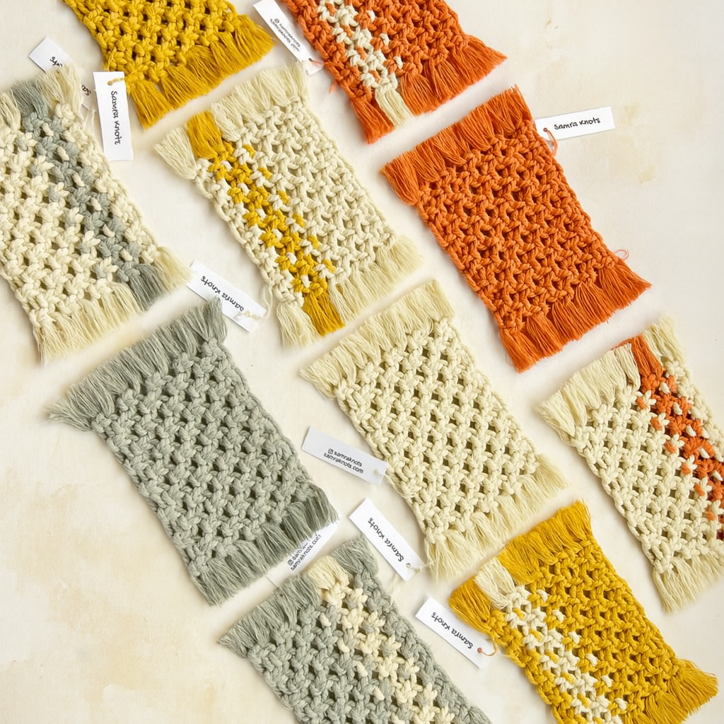 Flatlay of assorted handcrafted macramé mug rugs in earthy tones—grey, mustard yellow, off-white, and terracotta—designed by Samra Knots, arranged on a soft beige surface with brand tags.