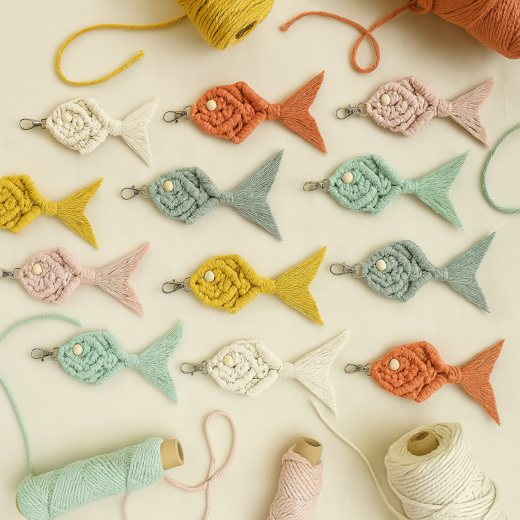 A photograph showcases nine handcrafted macramé fish keychains in pastel and earthy tones, laid out with yarn spools on an off-white background. Perfect for boho accessories or gifts.