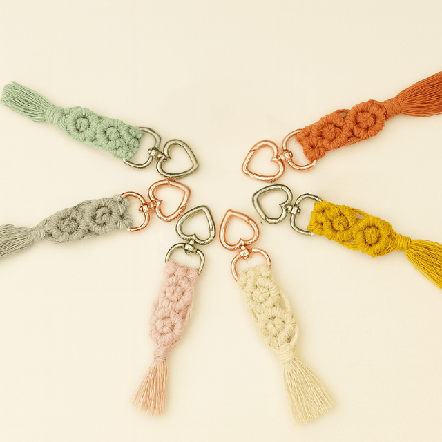 Flat lay of seven handmade macramé diamond keychains arranged in a circle, each in a different colour with heart-shaped metal clasps on a soft neutral background