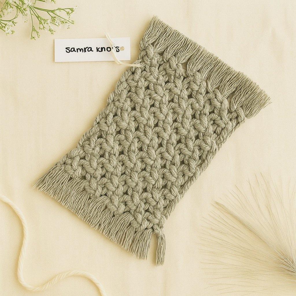 Handmade macramé mug rug in grey by Samra Knots, styled on a soft beige linen background with dried floral accents and a cotton rope for a natural boho aesthetic.
