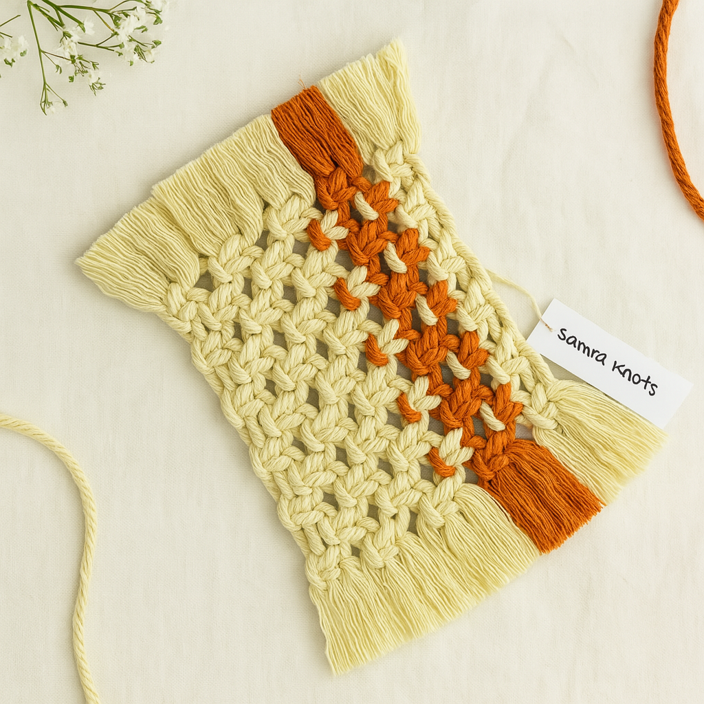 Handmade macramé mug rug in off-white with a terracotta center stripe, styled on a soft beige linen background – Samra Knots.