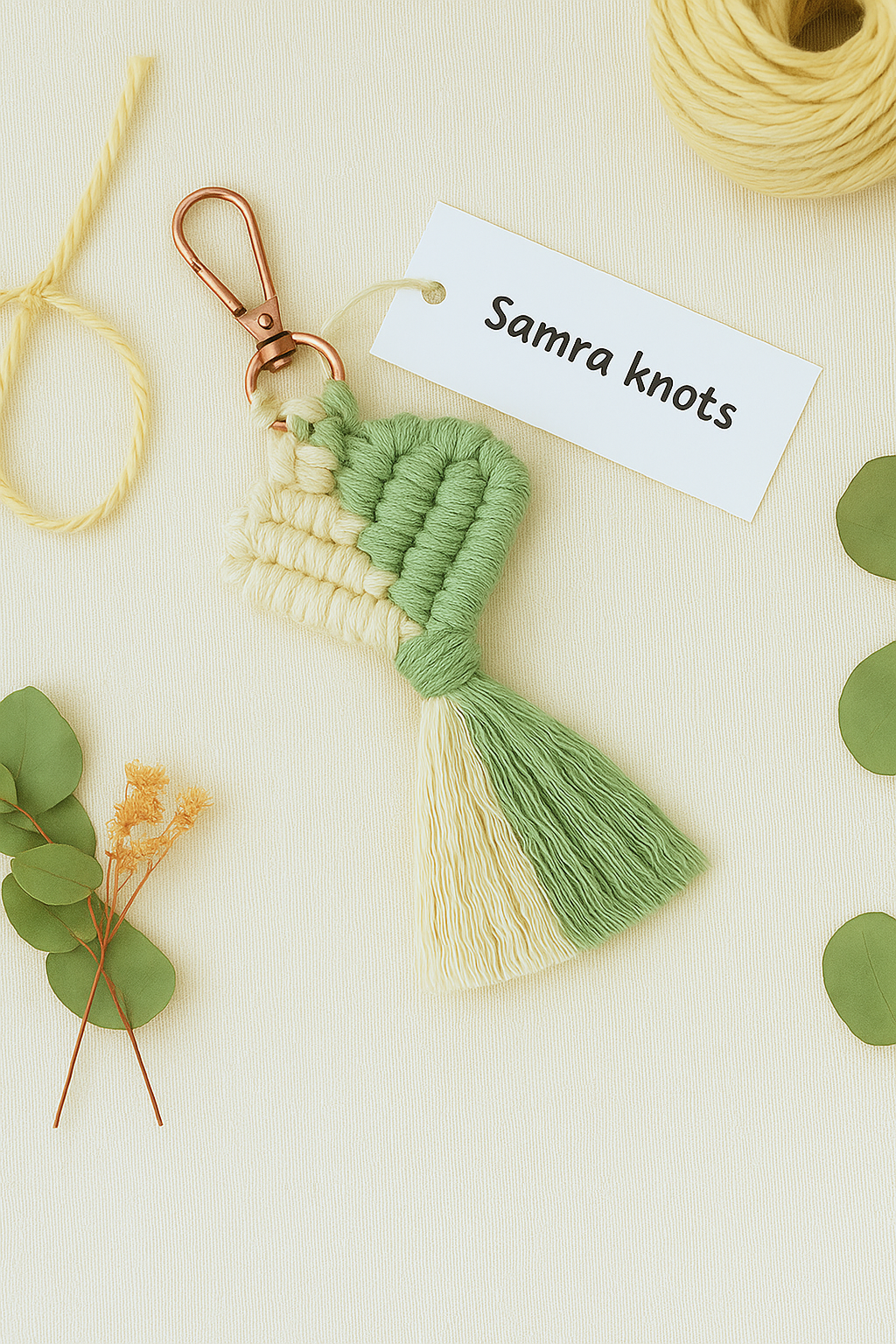 Mint green and cream macramé heart keychain with rose gold clip – Samra Knots