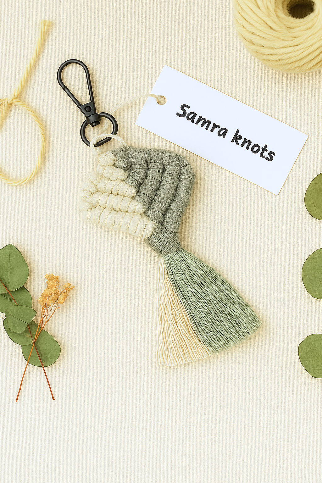 Handmade macramé heart keychain in sage green and cream with black clasp – Samra Knots