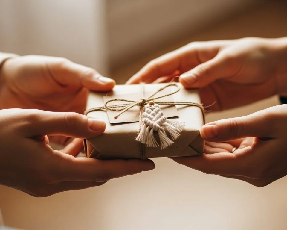 Two people exchanging a handmade gift wrapped in kraft paper with a macramé embellishment.